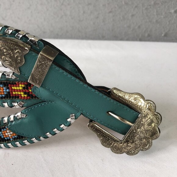 Enterprises Beaded Leather Belt Womens Medium Turquoise Western Buckle USA 408 - Picture 8 of 16